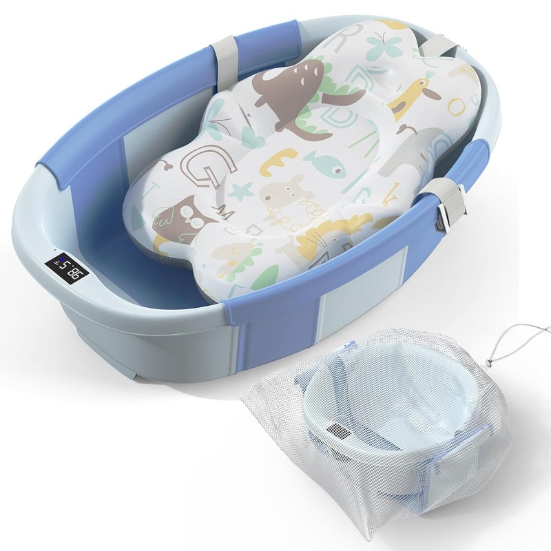 Spluvvly Collapsible Baby Bathtub - Large Baby Bath Tub with Thermometer & Cushion | Travel Portable Newborn Infant Bathtub | Foldable Toddler Bathtub for Baby 0 to 36 Months (Blue) - Image 1